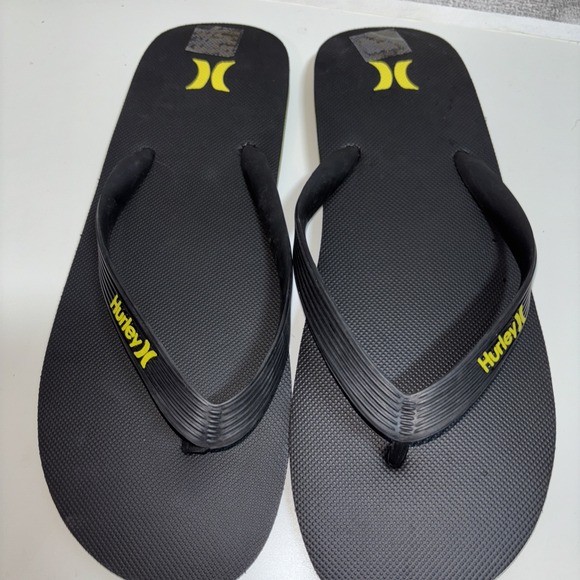 HURLEY Mens 13-14 Flip Flop Sandals Thong Black Yellow Logo‎ - Picture 3 of 11